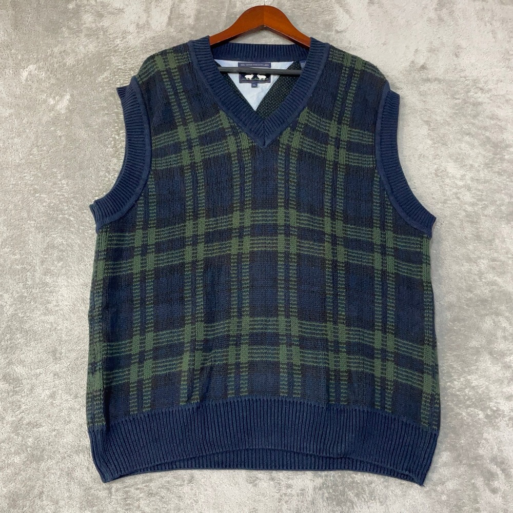Woods & Gray Plaid V-Neck Men's XL Blue Green Sweater Vest Cotton
